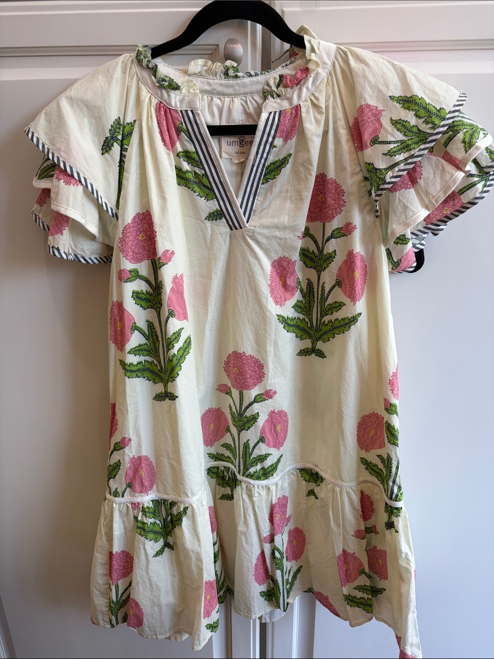 Umgee Cream Mini Dress with Pink Floral Print and Green Leaves